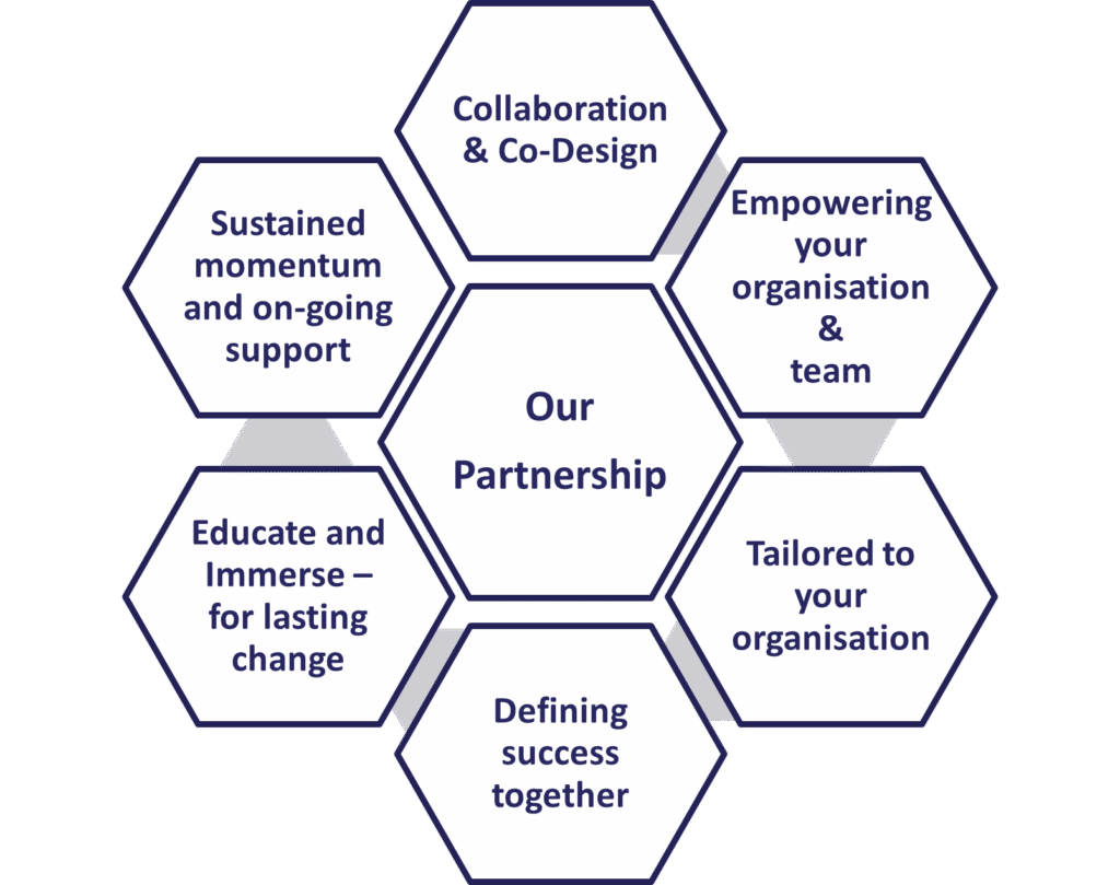 Dynamic Waves partnership model showing collaborative co-design, tailored solutions, defined success metrics, education and immersion, and sustained momentum for organisational change