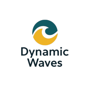 Dynamic Waves logo with an abstract teal and golden-yellow wave symbol in a circular yin–yang style above the brand name in black sans-serif text.