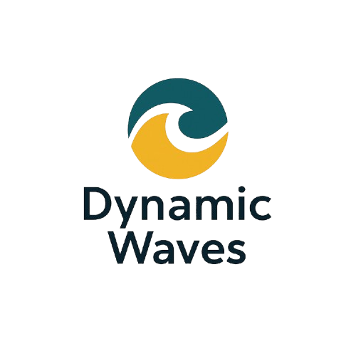 Dynamic Waves logo with an abstract teal and golden-yellow wave symbol in a circular yin–yang style above the brand name in black sans-serif text.